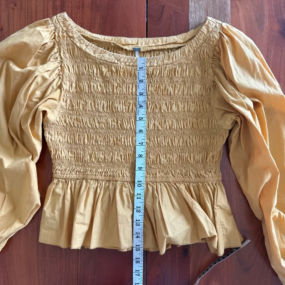 Free People Mustard Smocked Peplum Puff Sleeve Top